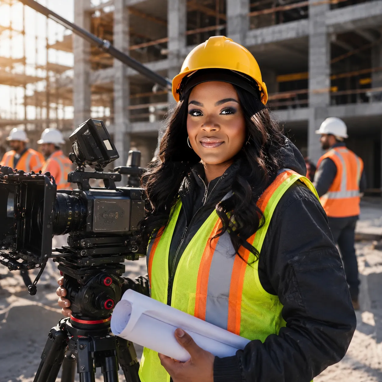 Woman in a hard hat and safety vest holding blueprints beside a film camera on a construction site, illustrating the discipline of building a global film empire.