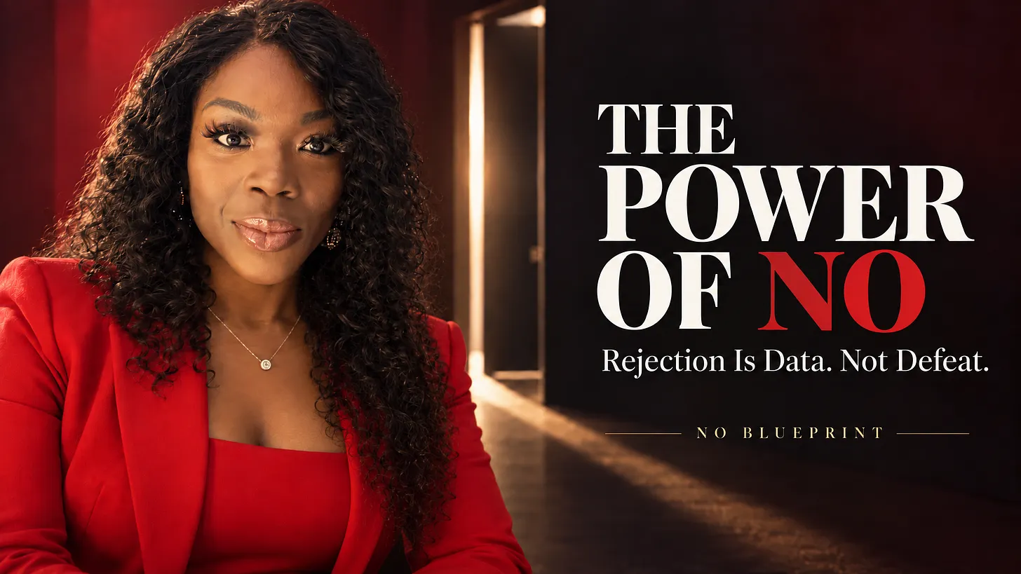 Laide Daramola in a red blazer standing in a dimly lit hallway with a glowing doorway behind her, beside the text 'The Power of No — Rejection Is Data. Not Defeat,' the hero graphic for the blog post on reframing rejection.