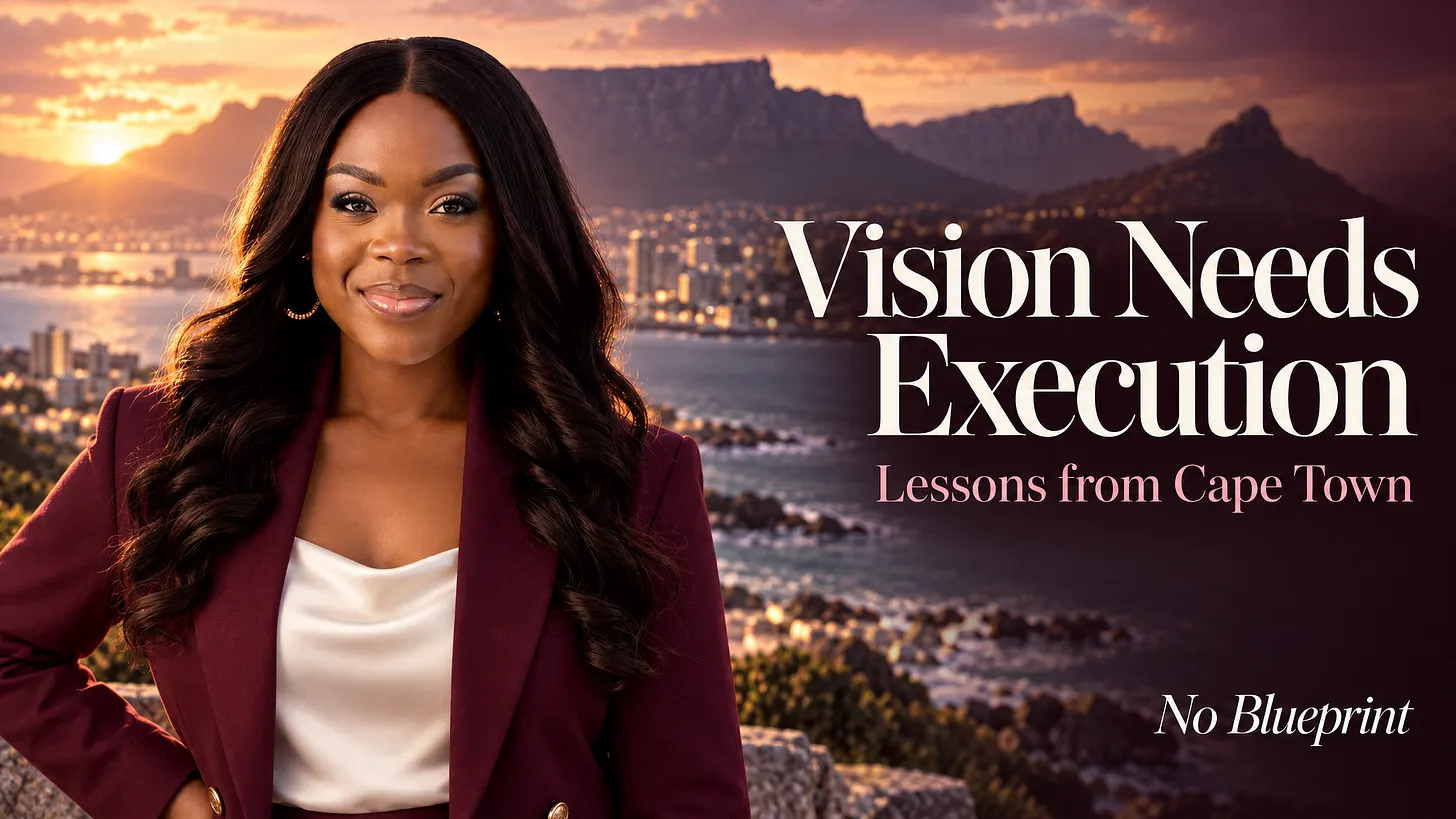 Laide Daramola in a maroon blazer over a white top standing with a sunset view of Cape Town's Table Mountain and coastline behind her, beside the text 'Vision Needs Execution — Lessons from Cape Town,' the hero graphic for the PMI Global Summit recap post.