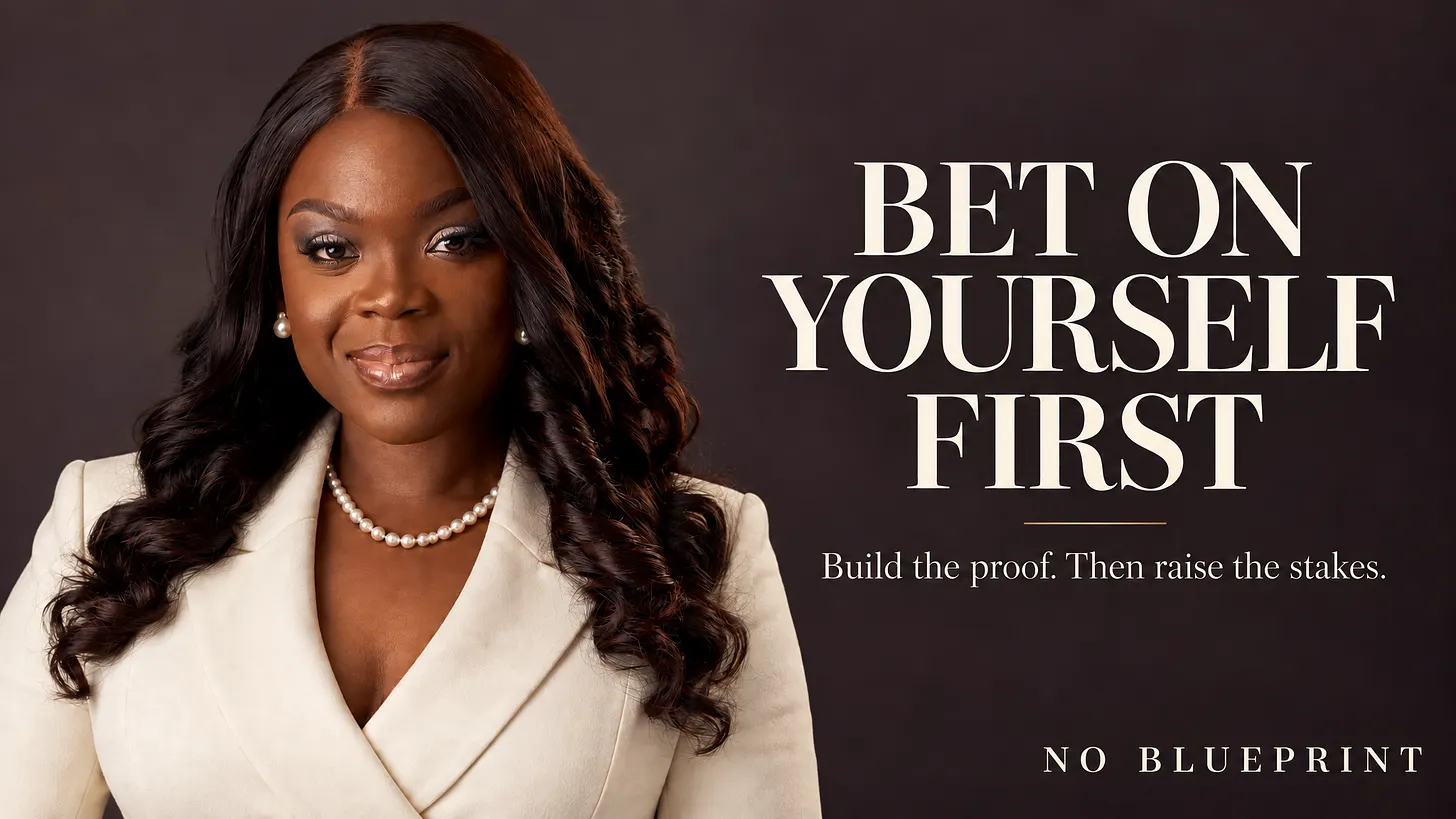 Laide Daramola in a cream blazer and pearl necklace smiling at the camera against a dark brown background, next to the text 'Bet on Yourself First — Build the proof. Then raise the stakes,' the hero graphic for the blog post about taking a first bet on your own business.